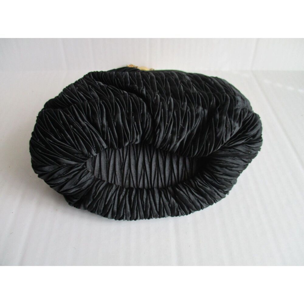 Shals Vintage Black Peau de Soie Clutch Pleated Evening Bag w Chain Strap - Picture 8 of 8